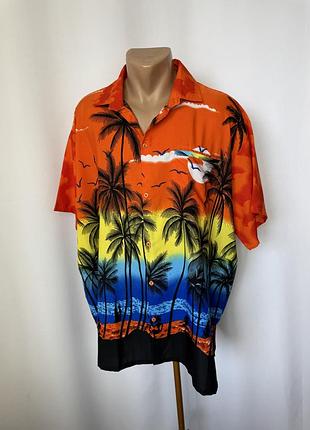 Гавайка тенниска барашка гавайская яркая красочная красная синяя желтая принт пальмы пляж закат батал