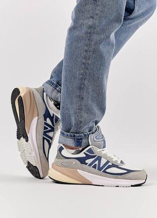 👑мужские кроссовки new balance 990v6 grey white navy консультация-беленс / демисезонные, весенние, летние, осенние / замша, сетка / серые, белые, синие