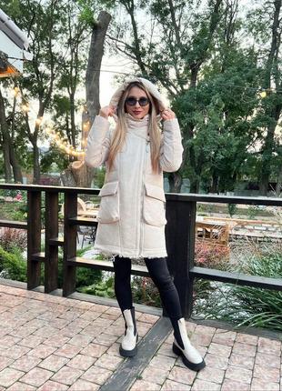 Куртка жіноча подовжена з капюшоном s,m,l,xl,xxl молочна