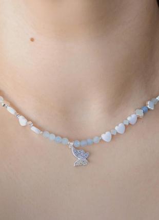 Чокер натуральний  аквамарин перламутр гематит