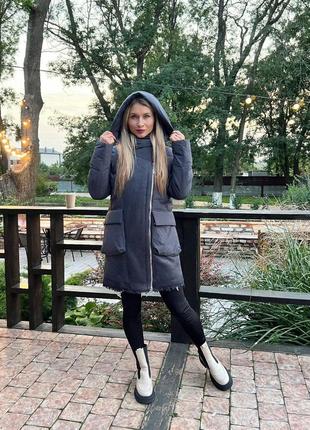 Куртка жіноча подовжена з капюшоном s,m,l,xl,xxl графіт темно-сірий