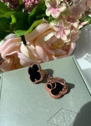 Серьги клевер van cleef / ванкиф в розовом золоте чёрные на английском замке, крупные  2 см