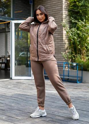 Теплий зимовий спортивний костюм на флісі двійка, жіночий костюм куртка стьобана з капюшоном+штани на флісі/ 46-48, 50-52, 54-56, 58-60/ 23032
