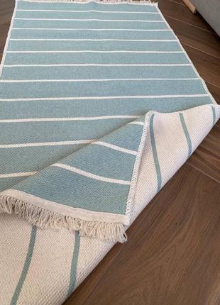 Хлопковый безворсовый полосатый бирюзовый ковер, двухсторонний дизайн, размер 80x150