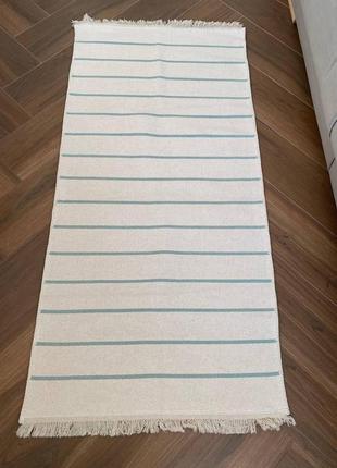Хлопковый безворсовый полосатый бирюзовый ковер, двухсторонний дизайн, размер 80x1504 фото