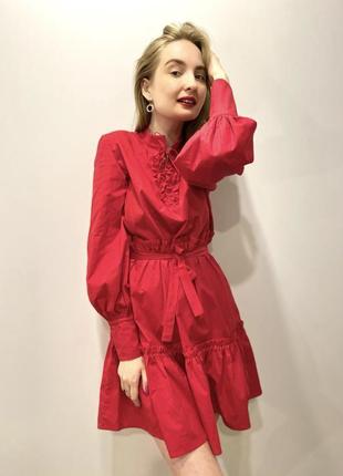 Платье мини красного цвета с поясом коттон2 фото