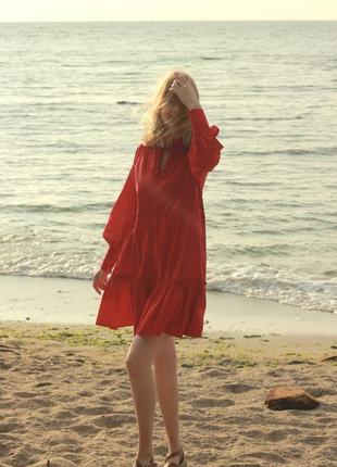 Платье мини красного цвета с поясом коттон9 фото