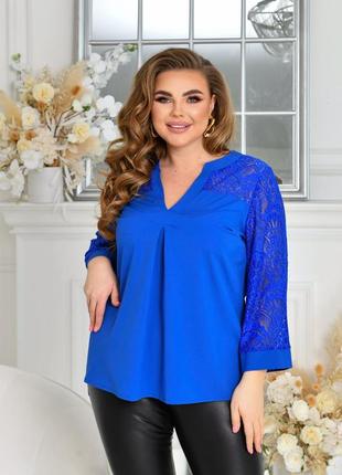 Яскраво синій блуза з гіпюровим декором4 фото