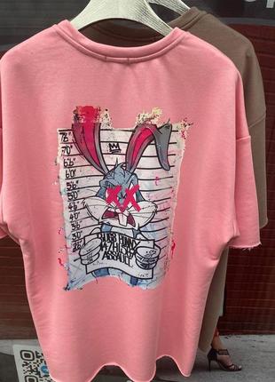 Женская качественная плотная розовая футболка оверсайз bad bunny2 фото