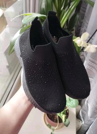 Черные женские текстильные легкие кроссовки со стразами "sunlife"3 фото