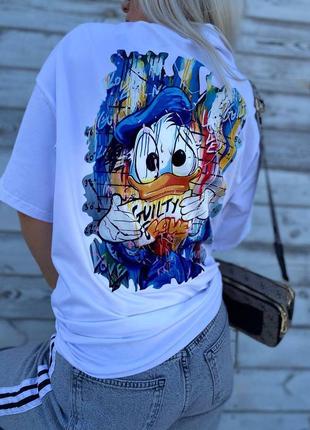 Жіноча якісна біла футболка оверсайз з прінтон дональд дак donald duck бавовна