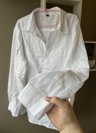 Белоснежная рубашка льняная блуза хлопок/лен белая оверсайз прямого кроя свободная удлиненная рубашка 🩷6 фото