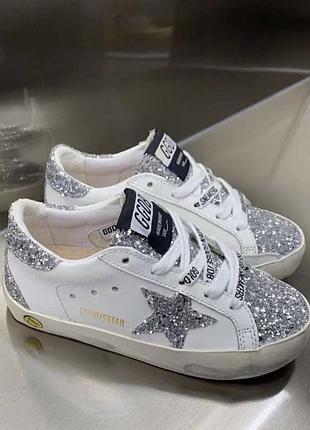 Женские кроссовки кеды белые+серебристая звезда голден гусь golden goose white shining star