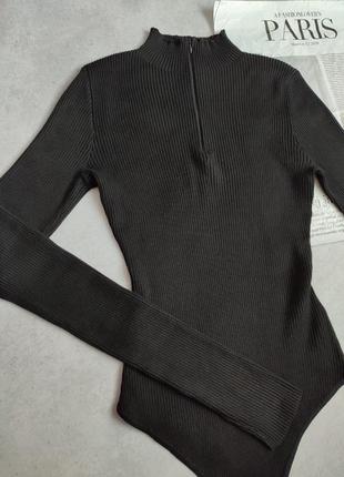 Черный боди в плотный рубчик зип zip на молнии с длинным рукавом гольф лонгслив plt