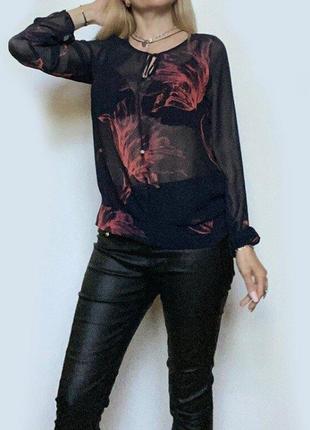 Прозора блузка блуза довгий рукав темно-синя квітковий принт р.l