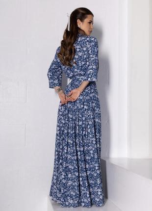 Довга сукня із синьої бавовни з розрізом3 фото