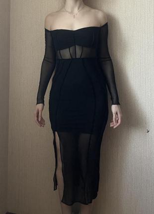 Платье миди полупрозрачное черное3 фото
