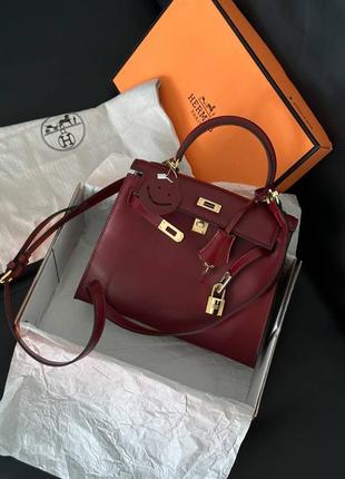 Бордовая кожаная сумка в стиле hermes kelly