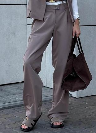 Штани жіночі дизайнерські, прямі, широкі, з подвійними петельками, однотонні моко
