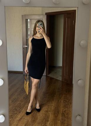 Стильная чёрное платье майка миди короткое платье трансформер на завязках на шнурках