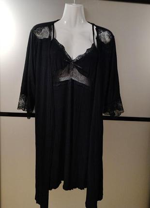 Чорний натуральний віскозний комплект халат і ночнушка з кружевом m-2xl. є кольори