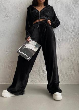 Велюровые костюмы брюки на резинке высокая посадка кармана + укороченная кофта на молнии с капюшоном6 фото