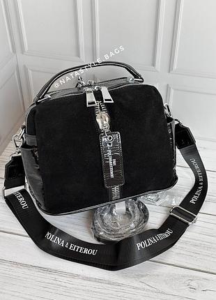 Жіноча шкіряна замшева + лакова сумка. клатч шкіряний. кросбоді. polina&eiterou.