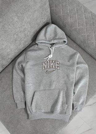 Винтажная теплая толстовка худи на флисе серого цвета nike