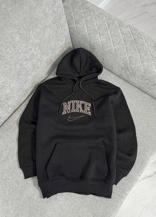 Винтажная теплая толстовка черная худи на флисе nike