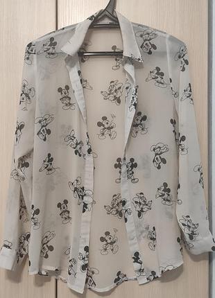Шифоновая длинная рубашка с принтом микки маус