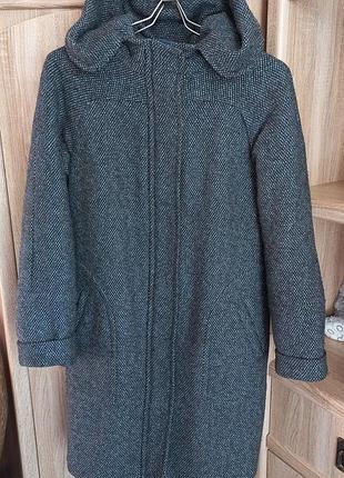 💙 пряме утеплене вовняне пальто міді на синтепоні з капюшоном 80% вовна осіннє зимове