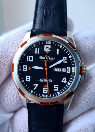 Чоловічий годинник paul picot pilot 42mm black-orange day-date automatic 42mm 100m swiss новий8 фото