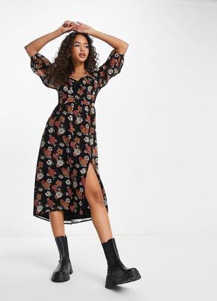 Шифоновое платье миди с полурукавом hollister с черным цветочным принтом