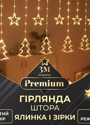 Основні характеристики гірлянда-штора зірки та ялинки розмір 3*0,9 м 10 фігур, жовтий тип освітлення світлодіодна гірлянда режим р
