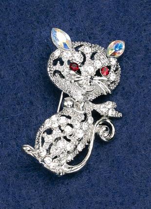 Брошка котик з білими,рожевими та червоними стразами,