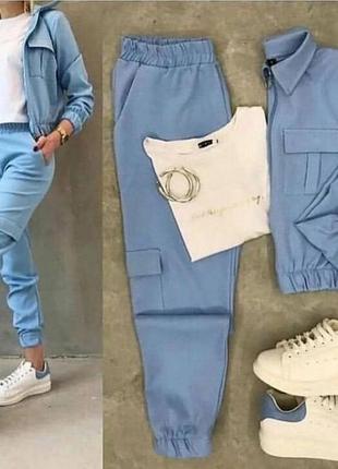Костюм брючний стильний прогулянковий бомбер і брюки- джинси карго легкий літній джинс стрейч розміри 42-484 фото
