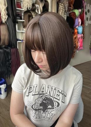 Парик каре каштановый, шоколадный с челкой