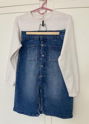 Джинсовая стильная юбка высокая посадка с разрезом в низу на пуговицах, юбка джинс трендовая длинная с накладными карманами