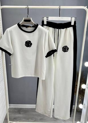 Костюм двохнитка  футболочка та брючки білий і чорний  s-m, l-xl5 фото