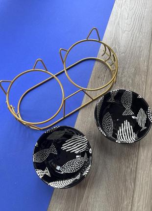 Миска тарілка на підставці подвійна керамічна для котів чорна4 фото