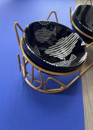 Миска тарілка на підставці подвійна керамічна для котів чорна2 фото