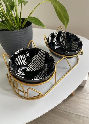 Миска тарілка на підставці подвійна керамічна для котів чорна8 фото