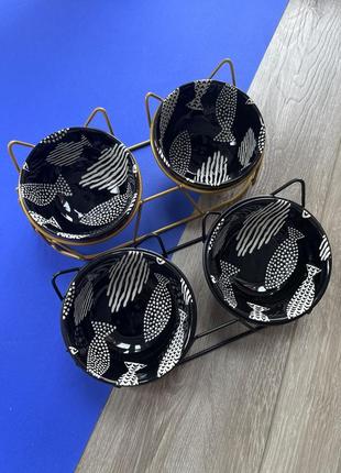 Миска тарілка на підставці подвійна керамічна для котів чорна7 фото