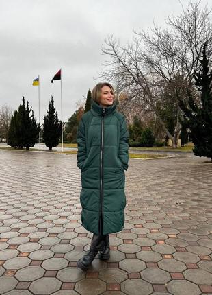 Теплая женская длинная куртка плащёвка пальто не пропускает ветер воду 250 силикон 44-50 зеленая