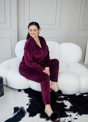 Велюровая женская пижама рубашка штаны большие размеры