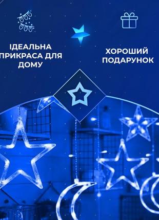 Гірлянда-штора місяць і зірки розмір 3*0,9 м 12 фігур, синій2 фото