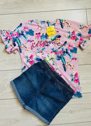 Костюм летний шорты джинсовые футболка хлопок цветочный принт рюши воланы