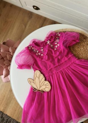 Праздничное нарядное фатиновое платье с вышитым воротничком розовая малиновая 2-3р 92-98см1 фото