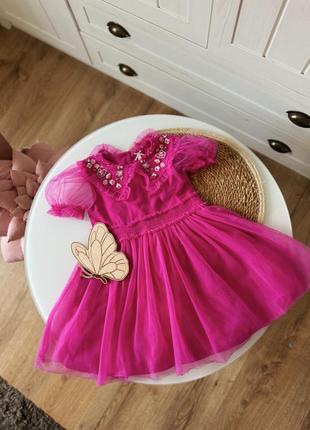 Праздничное нарядное фатиновое платье с вышитым воротничком розовая малиновая 2-3р 92-98см2 фото