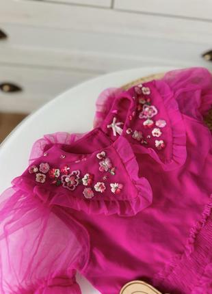 Святкова нарядна фатинова сукня з вишитим комірцем рожева малинова 2-3р 92-98см5 фото